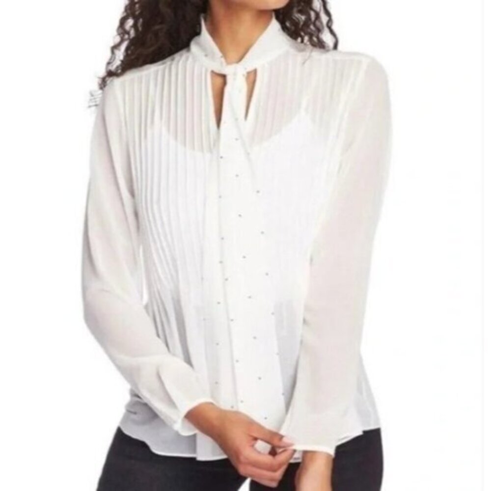 1.State White Sheer Drapey Neck Long Sleeve Blouse Studs Neck Tie SZ L NEW